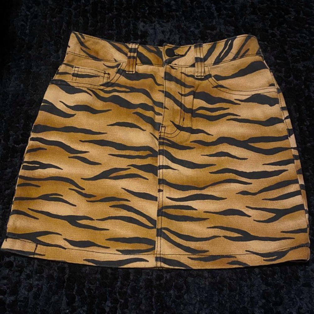 Tiger print denim mini skirt